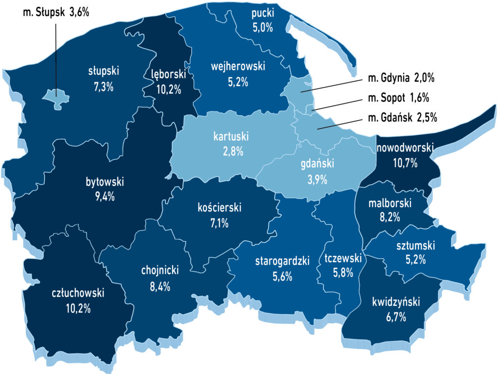 Mapa województwa pomorskiego z podziałem na powiaty przedstawiająca stopę bezrobocia w III kwartale 2023 r. Szczegółowe omówienie w treści głównej analizy. Opracowanie IBnGR na podstawie danych Głównego Urzędu Statystycznego.