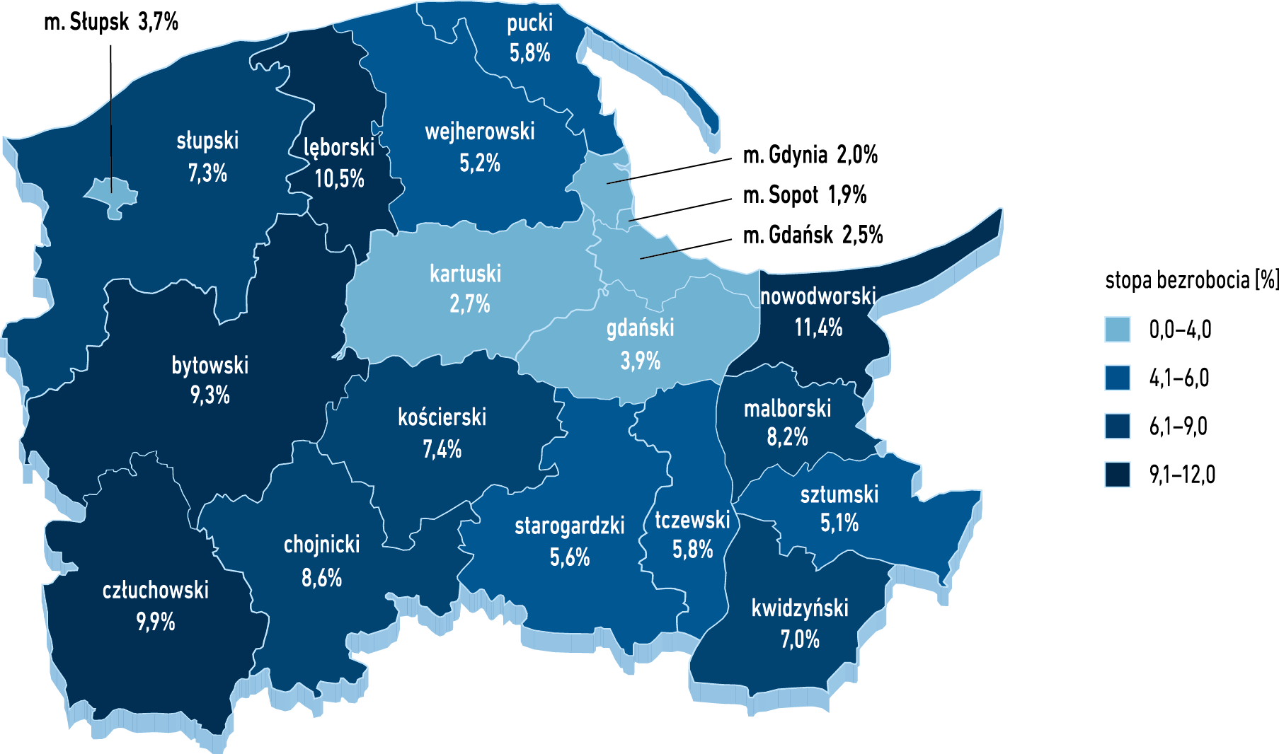 Mapa województwa pomorskiego z podziałem na powiaty przedstawiająca stopę bezrobocia w 2023 roku. Szczegółowe omówienie w treści głównej analizy. Opracowanie IBnGR na podstawie danych Głównego Urzędu Statystycznego.